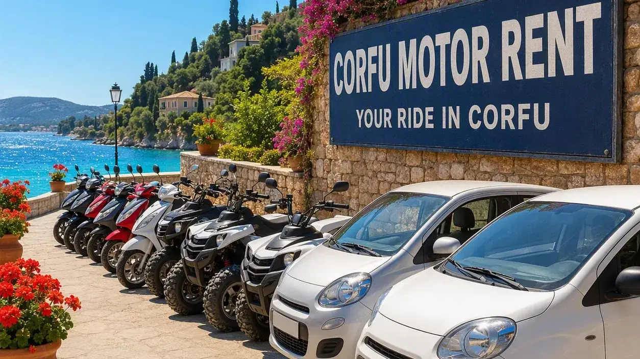 The Corfu Motor Rent fleet of scooters, quads and cars lined up on the seafront at Ipsos, Corfu